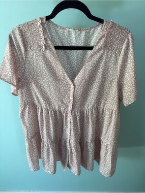 Jodifl Women's Pink Leopard Print Button-Front Peplum Top size Medium
